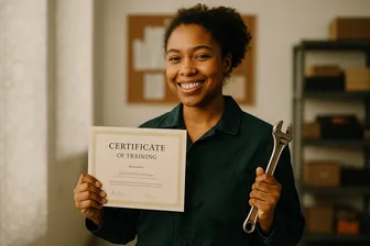 A happy learner holding a certificate, standing in a modern workspace, celebrating achievement