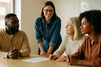 Group of diverse professionals of different ages and backgrounds smiling in a modern office